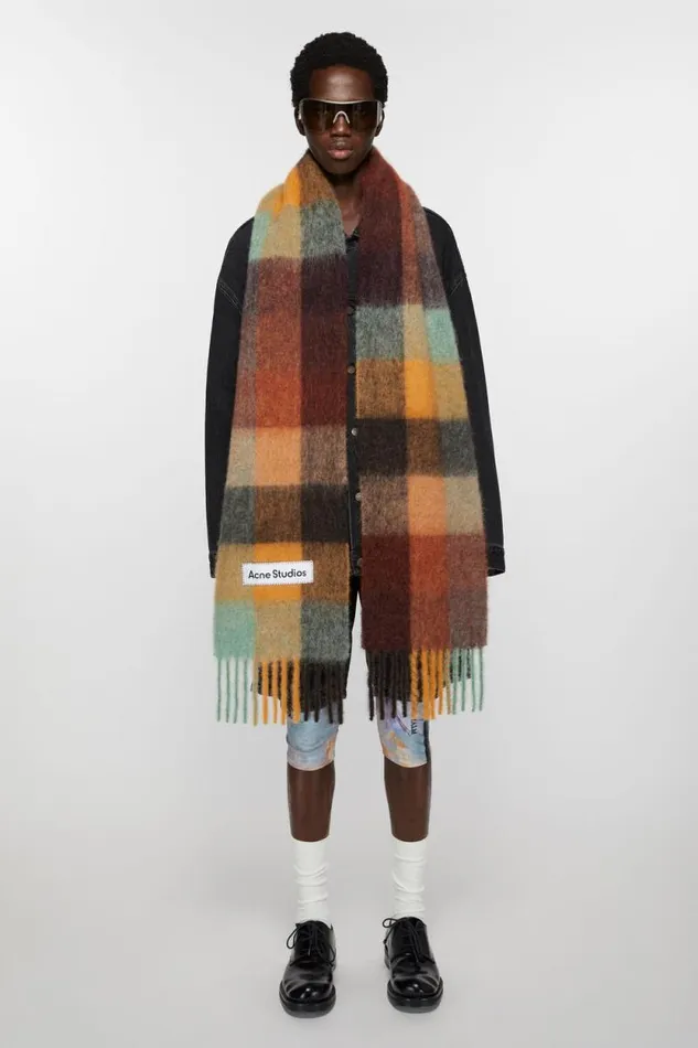 Acne Studios Mohair Checked Scarf Chestnut Brownyellowgreen Man Scarves