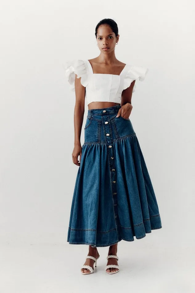 Aje Denim Belmond Denim Midi Skirt 90039s Wash 8211 Women
