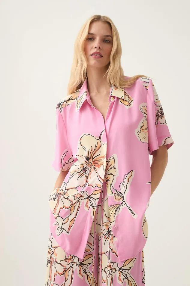 Aje Matching Sets Mirella Silk Shirt Pink Hibiscus 8211 Women