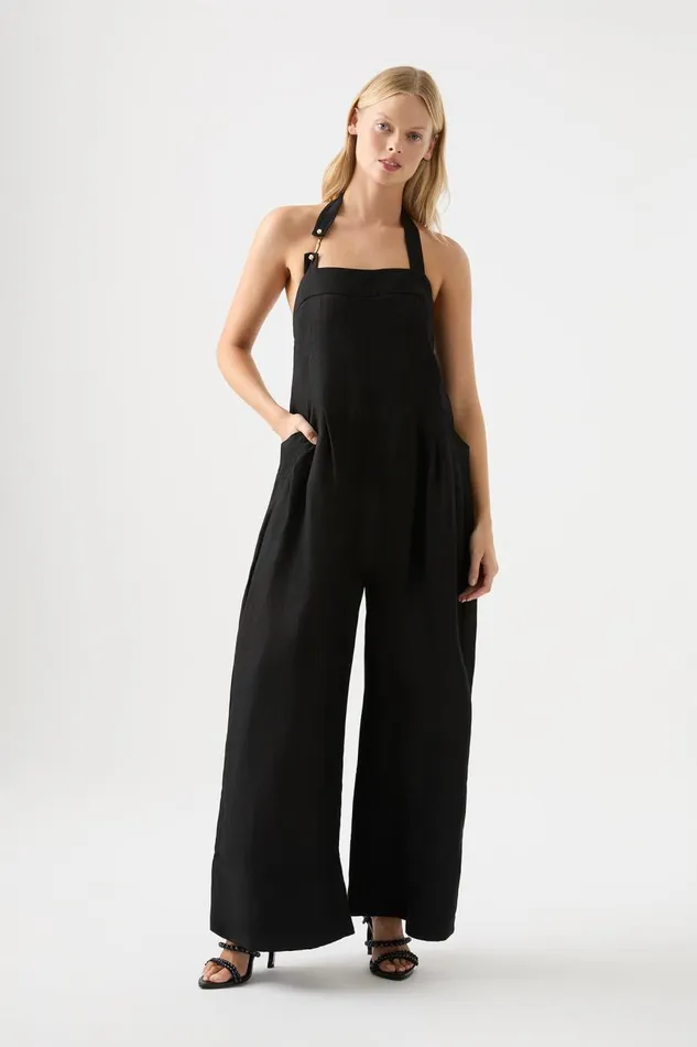 Aje Playsuits and Jumpsuits Neo Pleated Halter Jumpsuit Black 8211 Women