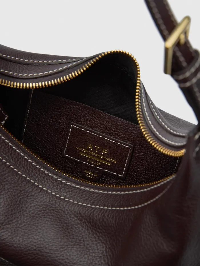 ATP Atelier Shoulder Bags Liveri WalnutContrast Stitch Grained Leather Small Hobo Bag Walnutcontrast Stitch 8211 Women