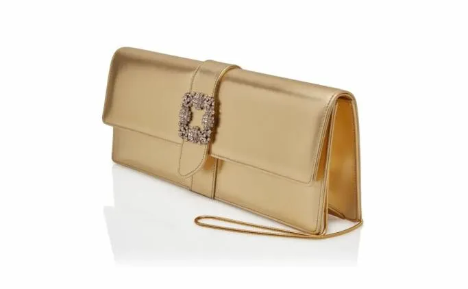 Bags Women Manolo Blahnik CAPRILONGGold Nappa Leather Jewel Buckle Clutch