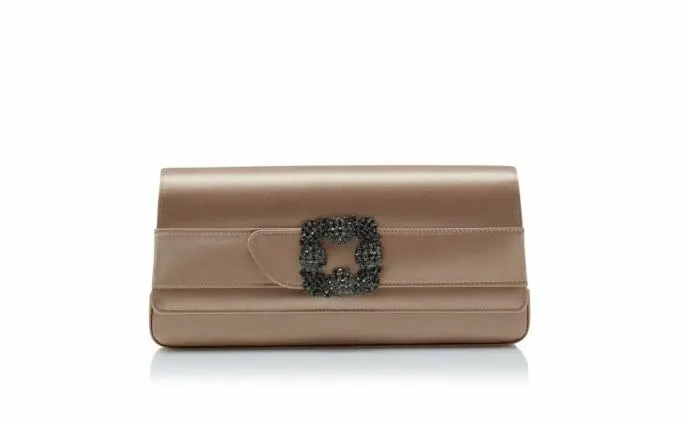 Bags Women Manolo Blahnik GOTHISILight Beige Satin Jewel Buckle Clutch