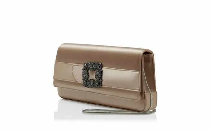 Bags Women Manolo Blahnik GOTHISILight Beige Satin Jewel Buckle Clutch