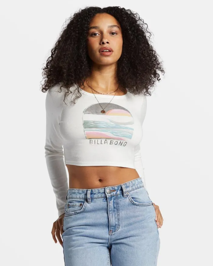 Billabong Graphic Tees and Tanks Find Your Coast Long Sleeve Cropped Tshirt Salt Crystal 8211 Women Billabong Graphic Tees and Tanks Find Your Coast Long Sleeve Cropped Tshirt Salt Crystal 8211 Women
