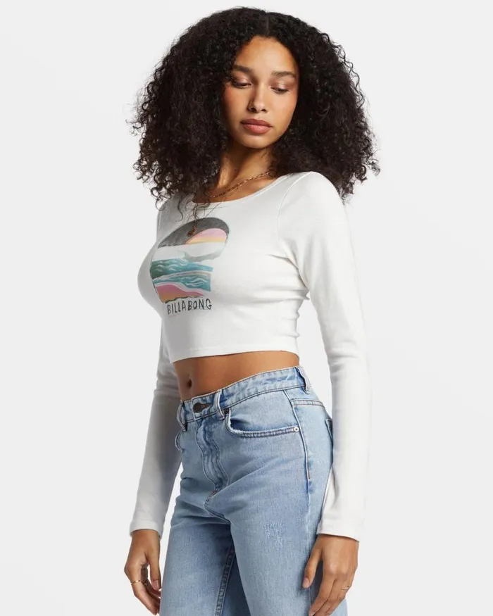 Billabong Graphic Tees and Tanks Find Your Coast Long Sleeve Cropped Tshirt Salt Crystal 8211 Women