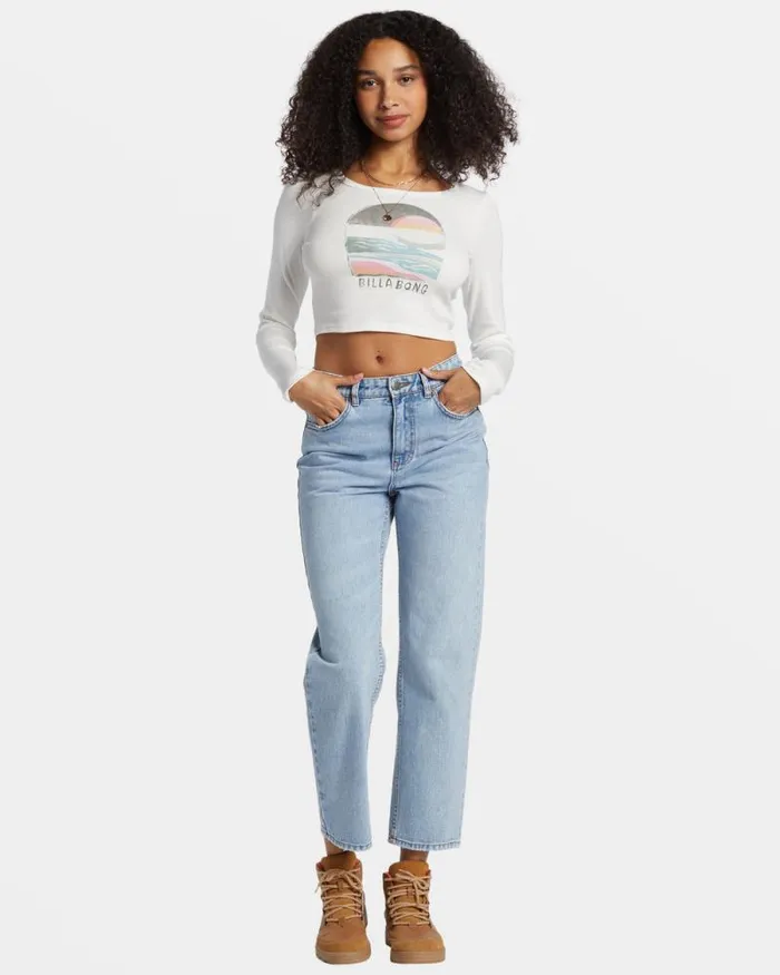 Billabong Graphic Tees and Tanks Find Your Coast Long Sleeve Cropped Tshirt Salt Crystal 8211 Women