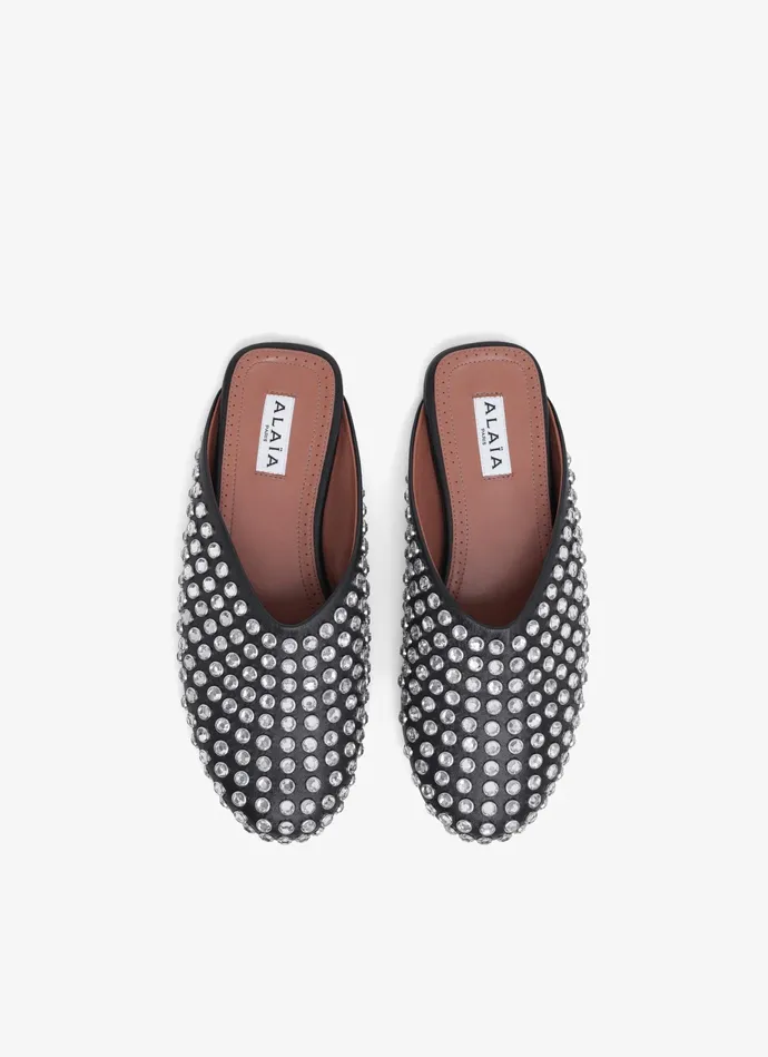 Black FLAT MULES IN STRASS LAMBSKIN Women Alaa Flat Shoes