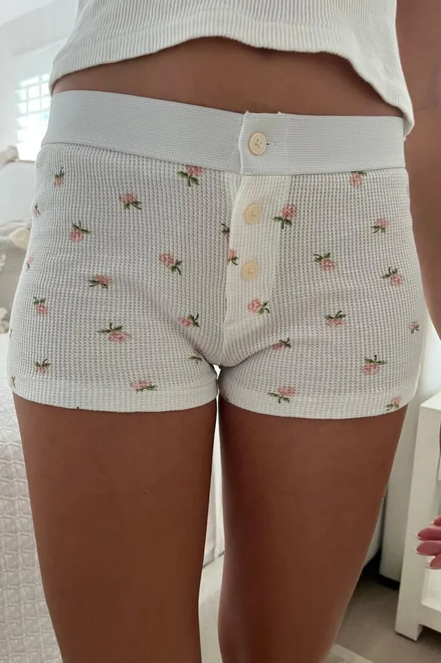 Brandy Melville Intimates Floral Waffle Boy Short Underwear White With Pink And Green Floral 8211 Women
