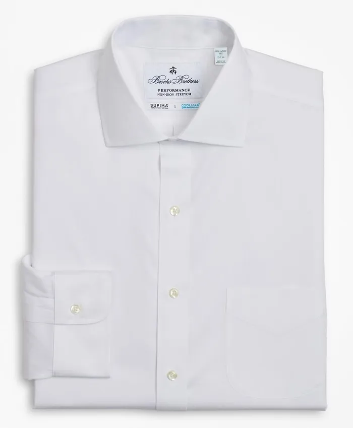 Brooks Brothers Dress Shirts Milano Slim Fit Dress Shirt Performance NonIron With COOLMAX English Spread Collar Broadcloth White 8211 Men