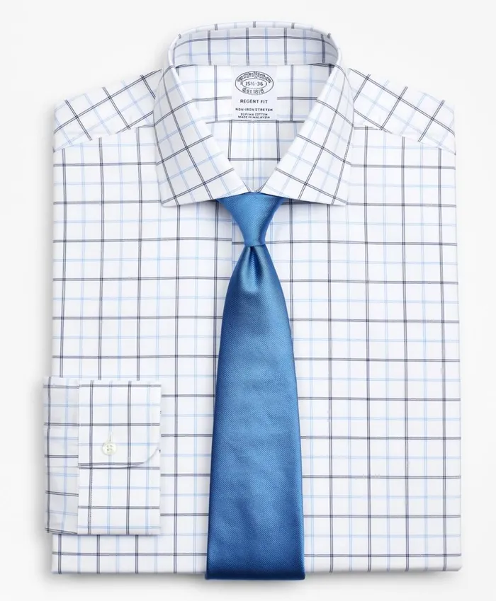 Brooks Brothers Dress Shirts Stretch Regent Fitted Dress Shirt NonIron Poplin English Collar DoubleGrid Check Blue 8211 Men Brooks Brothers Dress Shirts Stretch Regent Fitted Dress Shirt NonIron Poplin English Collar DoubleGrid Check Blue 8211 Men