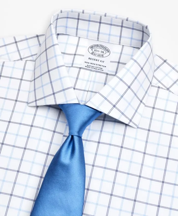 Brooks Brothers Dress Shirts Stretch Regent Fitted Dress Shirt NonIron Poplin English Collar DoubleGrid Check Blue 8211 Men Brooks Brothers Dress Shirts Stretch Regent Fitted Dress Shirt NonIron Poplin English Collar DoubleGrid Check Blue 8211 Men