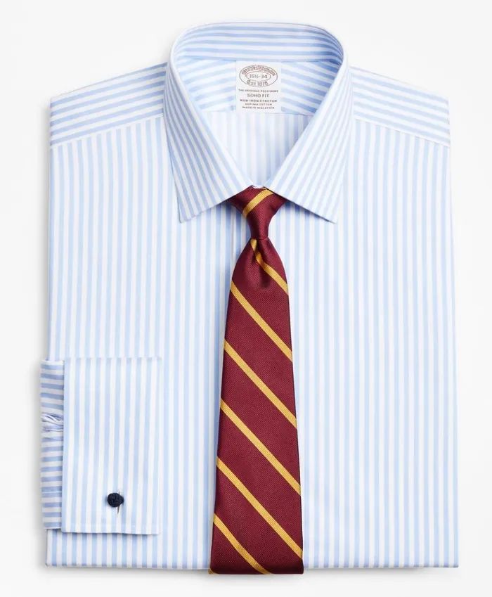 Brooks Brothers Dress Shirts Stretch Soho ExtraSlimFit Dress Shirt NonIron Twill Ainsley Collar French Cuff Bold Stripe Light Blue 8211 Men