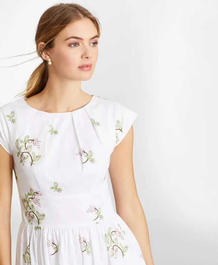 Brooks Brothers Dresses FloralEmbroidered Plaid Jacquard Cotton Dress White 8211 Women