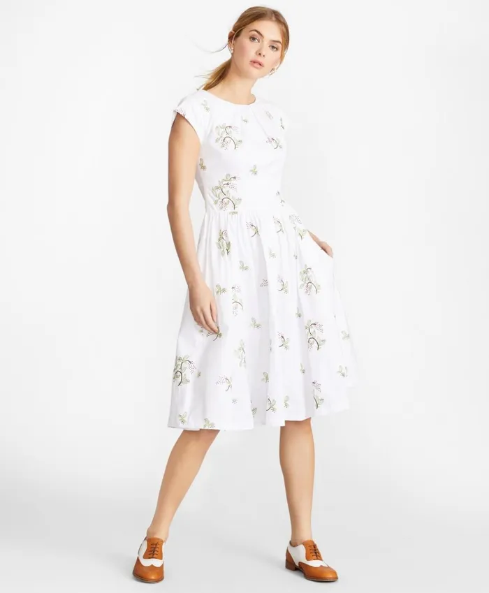 Brooks Brothers Dresses FloralEmbroidered Plaid Jacquard Cotton Dress White 8211 Women