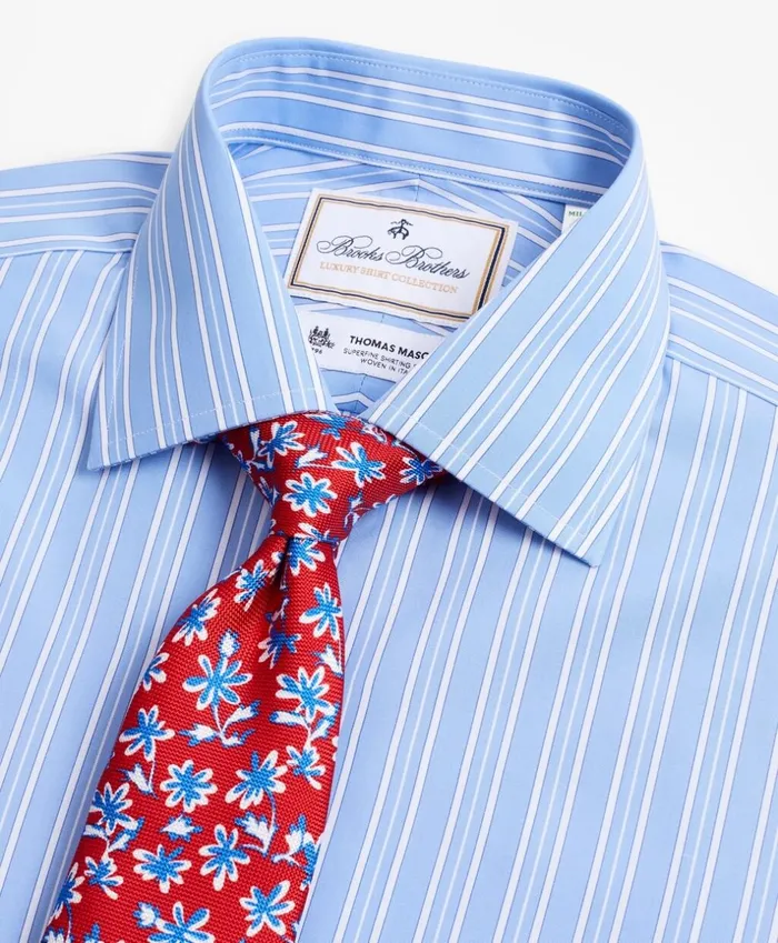 Brooks Brothers Luxury Shirts Luxury Collection Milano SlimFit Dress Shirt Franklin Spread Collar Ribbon Stripe Light Blue 8211 Men