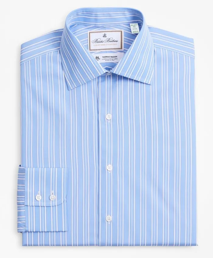 Brooks Brothers Luxury Shirts Luxury Collection Milano SlimFit Dress Shirt Franklin Spread Collar Ribbon Stripe Light Blue 8211 Men