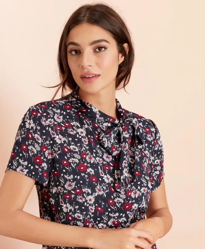Brooks Brothers Shirts and Tops FloralPrint Crepe TieNeck Blouse Navymulti 8211 Women
