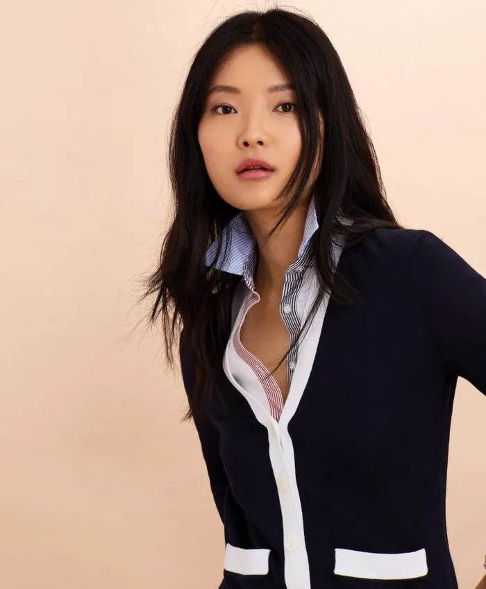 Brooks Brothers Sweaters ContrastTrim CottonBlend Cardigan Navy 8211 Women