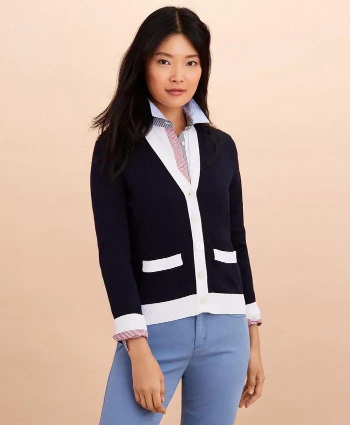 Brooks Brothers Sweaters ContrastTrim CottonBlend Cardigan Navy 8211 Women