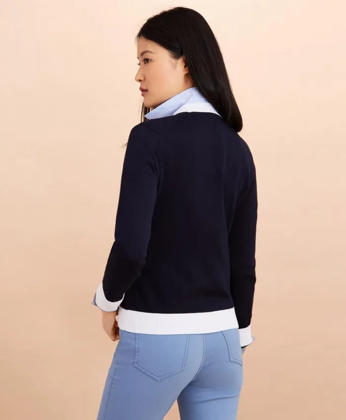 Brooks Brothers Sweaters ContrastTrim CottonBlend Cardigan Navy 8211 Women
