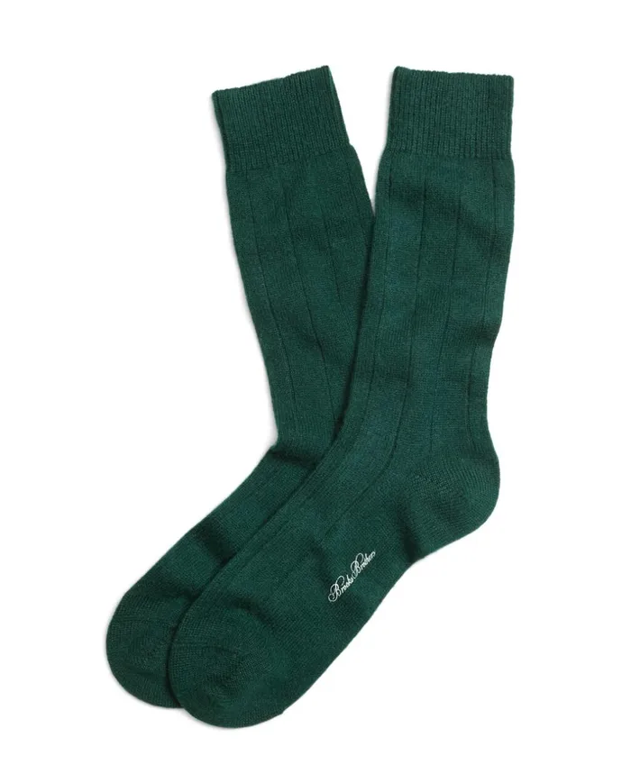 Brooks Brothers Underwear and Socks Ribbed Cashmere Crew Socks Dark Green 8211 Men