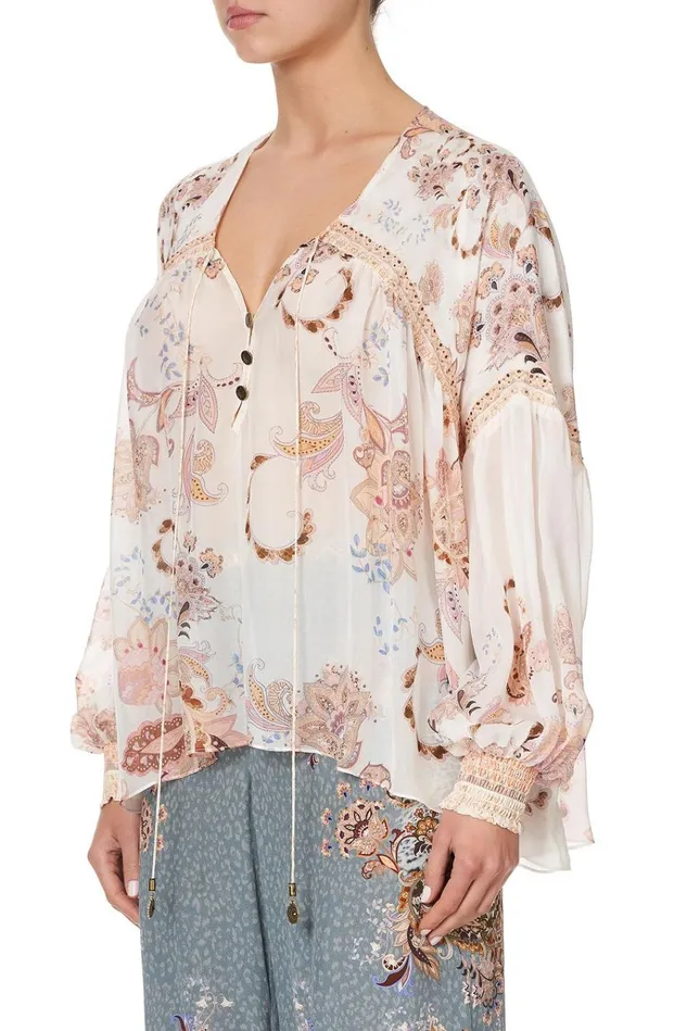 Camilla Tops Women Blouson Blouse With Neck Tie Marrakesh Maiden