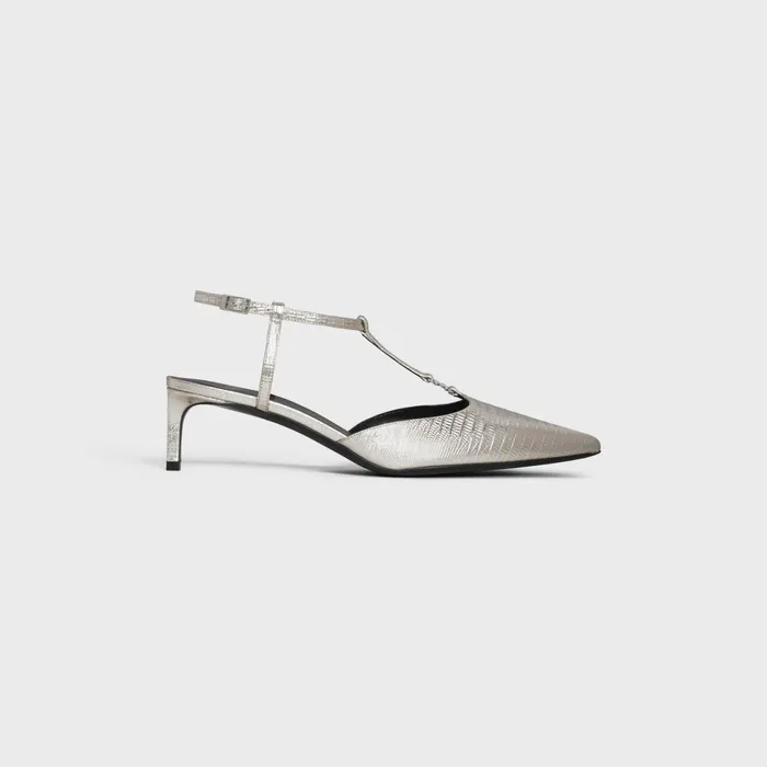 Celine Kitten Triomphe TBar Strap Pump In Lizard Stamped Metalized Calfskin Platinium Women CELINE PUMPS Celine Kitten Triomphe TBar Strap Pump In Lizard Stamped Metalized Calfskin Platinium Women CELINE PUMPS