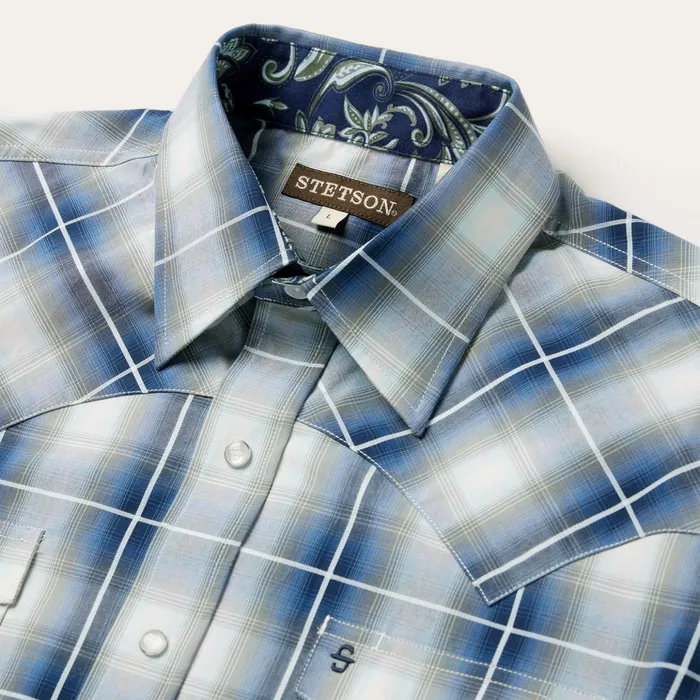 Classic Cut Men Stetson Crystal Plaid Western Shirt Blue