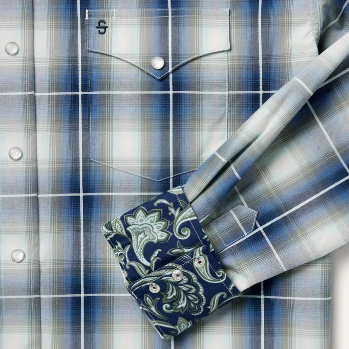Classic Cut Men Stetson Crystal Plaid Western Shirt Blue