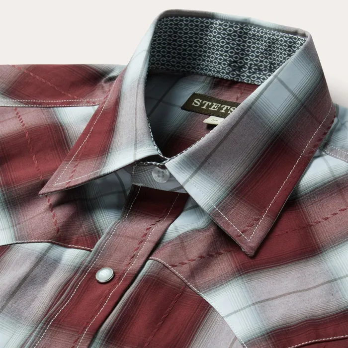 Classic Cut Men Stetson Shadow Plaid Short Sleeve Western Shirt Wine