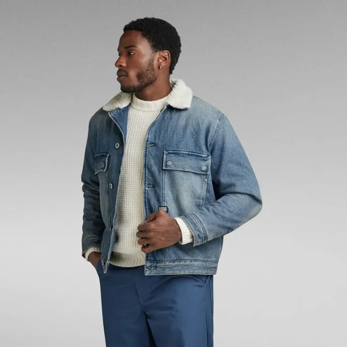 Denim Jackets Men GStar RAW Utility Flap Pocket Sherpa Jacket Antique Faded Blue Agave