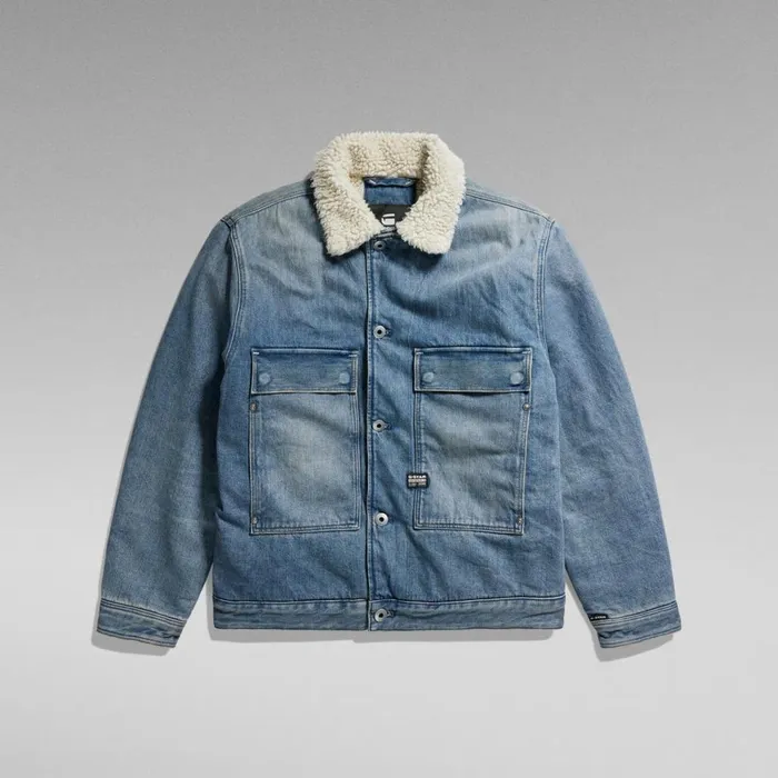 Denim Jackets Men GStar RAW Utility Flap Pocket Sherpa Jacket Antique Faded Blue Agave