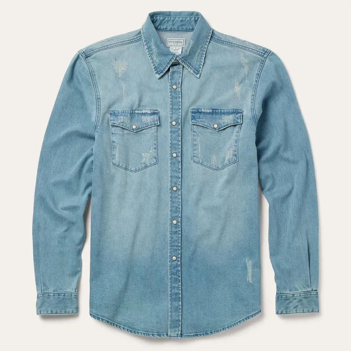 Denim Shirts Men Stetson Distressed Denim Western Shirt Blue