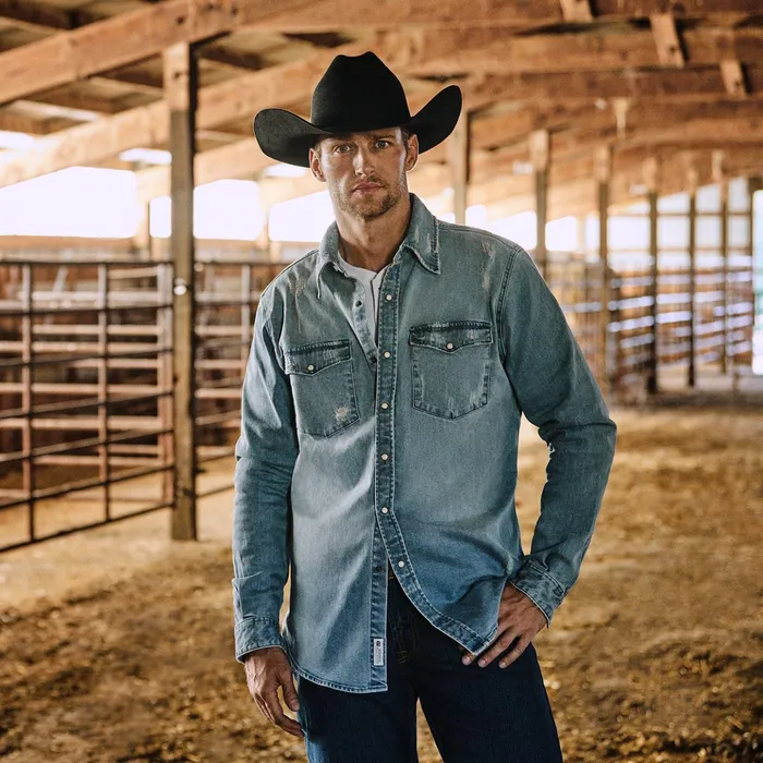 Denim Shirts Men Stetson Distressed Denim Western Shirt Blue