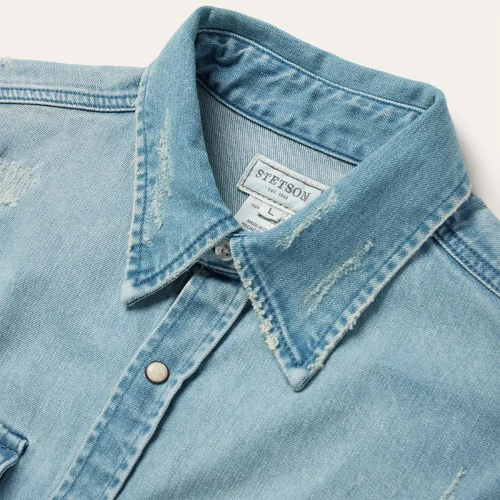 Denim Shirts Men Stetson Distressed Denim Western Shirt Blue
