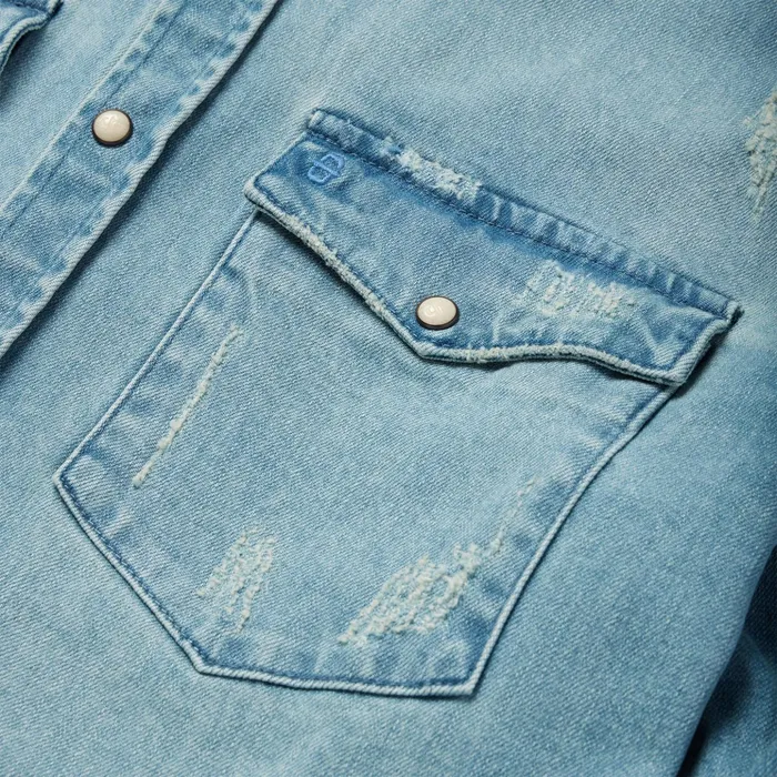 Denim Shirts Men Stetson Distressed Denim Western Shirt Blue
