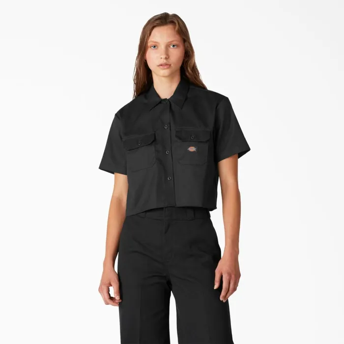 Dickies Button Up Women039s Cropped Work Shirt Black Black bk 8211 Women