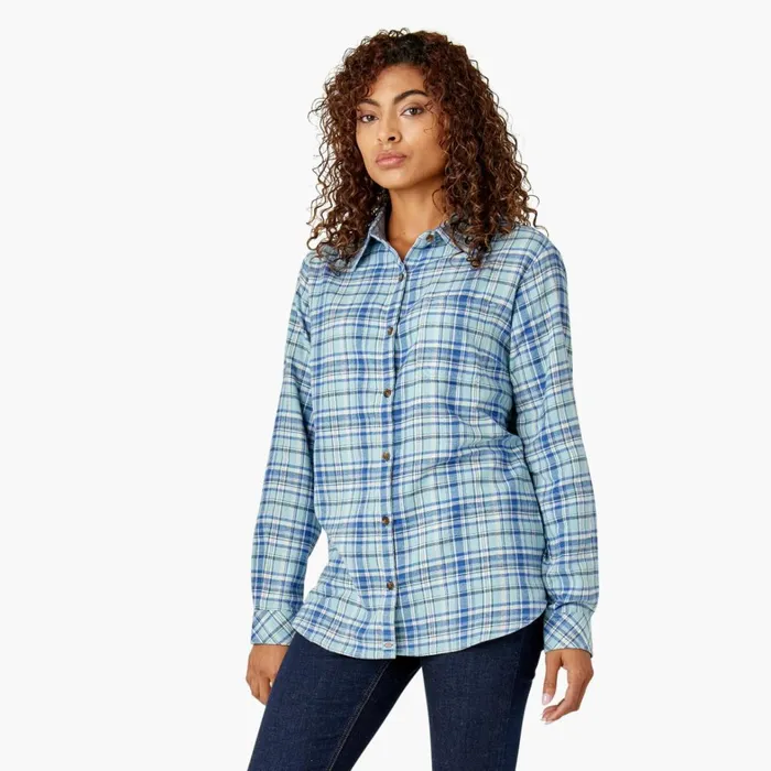 Dickies Button Up Women039s Plaid Flannel Long Sleeve Shirt Clear BlueOrchard Plaid Clear Blueorchard Plaid b2y 8211 Women