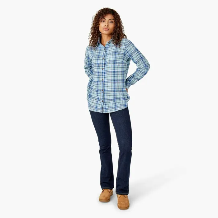 Dickies Button Up Women039s Plaid Flannel Long Sleeve Shirt Clear BlueOrchard Plaid Clear Blueorchard Plaid b2y 8211 Women
