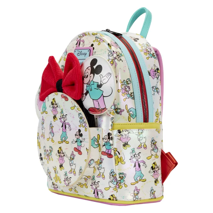 Disney100 Mickey and Friends Classic AllOver Print Iridescent Mini Backpack With Ear Headband Unisex Loungefly Backpacks Disney100 Mickey and Friends Classic AllOver Print Iridescent Mini Backpack With Ear Headband Unisex Loungefly Backpacks