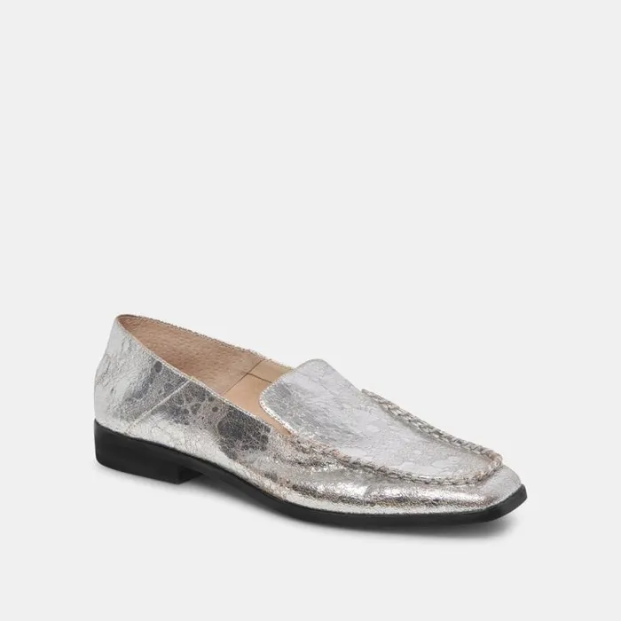 Dolce Vita Beny Wide Flats Silver Distressed Leather Women Flats and Loafers