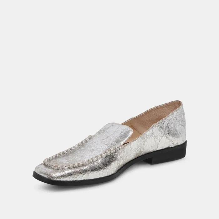 Dolce Vita Beny Wide Flats Silver Distressed Leather Women Flats and Loafers