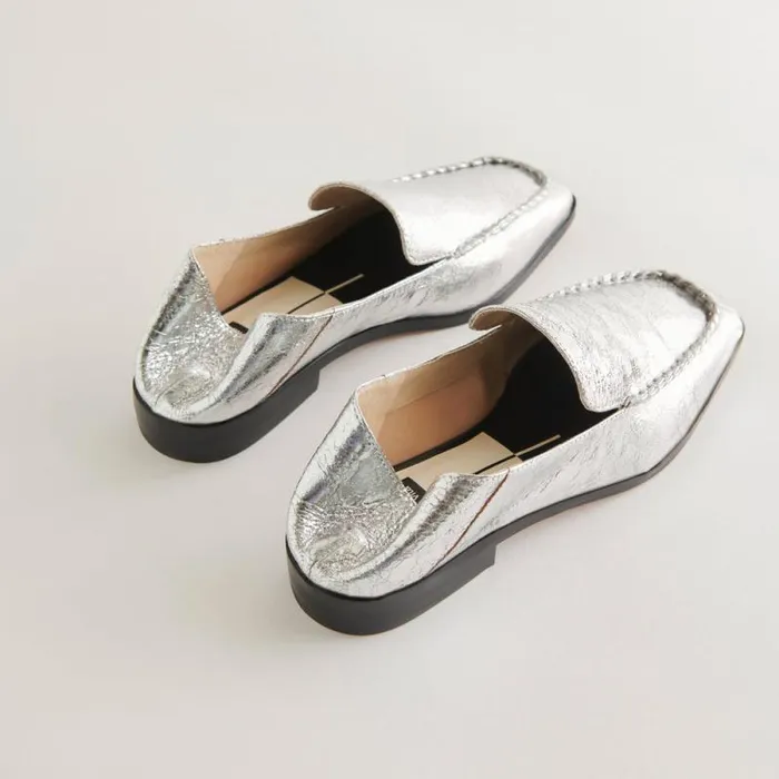 Dolce Vita Beny Wide Flats Silver Distressed Leather Women Flats and Loafers