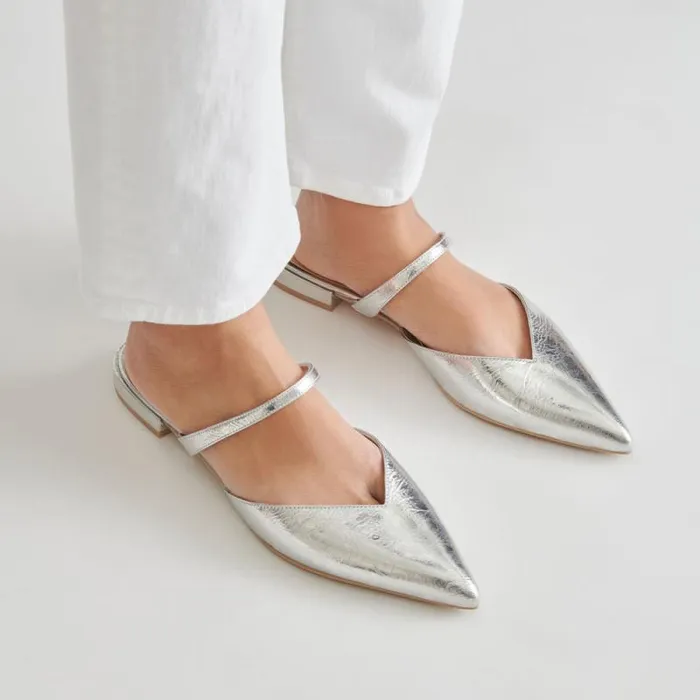 Dolce Vita Kanika Flats Silver Distressed Leather Women Mules and Clogs