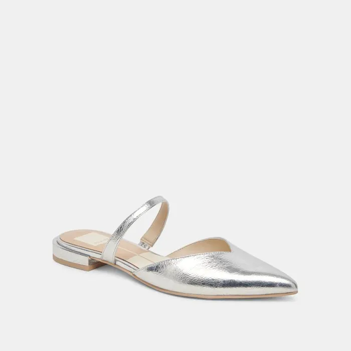 Dolce Vita Kanika Wide Flats Silver Distressed Leather Women Mules and Clogs
