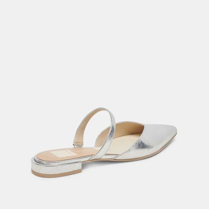 Dolce Vita Kanika Wide Flats Silver Distressed Leather Women Mules and Clogs