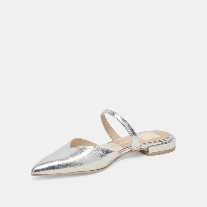 Dolce Vita Kanika Wide Flats Silver Distressed Leather Women Mules and Clogs