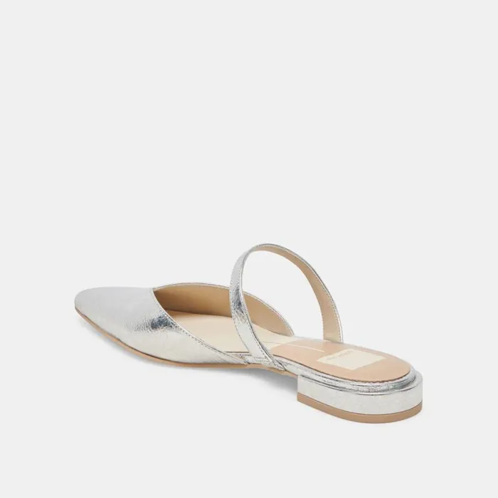 Dolce Vita Kanika Wide Flats Silver Distressed Leather Women Mules and Clogs