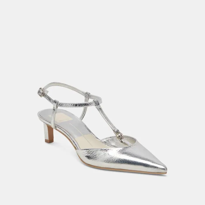 Dolce Vita Lavon Heels Silver Distressed Leather Women Heels